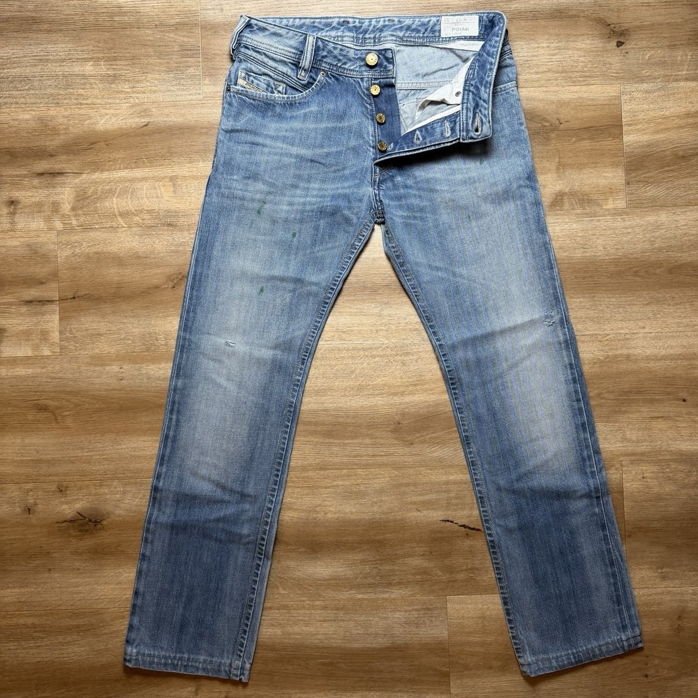 Diesel Poiak Jeans Men 27x28 Blue Slim Tapered Button Fly Pain Splatter (Hemmed)